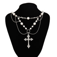 Thumbnail for Baroque Layered Silver Plated Cross Pendant Pearl Chain Necklace - ArtGalleryZen