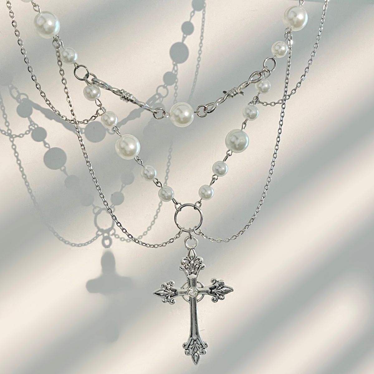 Baroque Layered Silver Plated Cross Pendant Pearl Chain Necklace - ArtGalleryZen