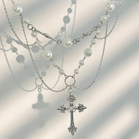 Thumbnail for Baroque Layered Silver Plated Cross Pendant Pearl Chain Necklace - ArtGalleryZen