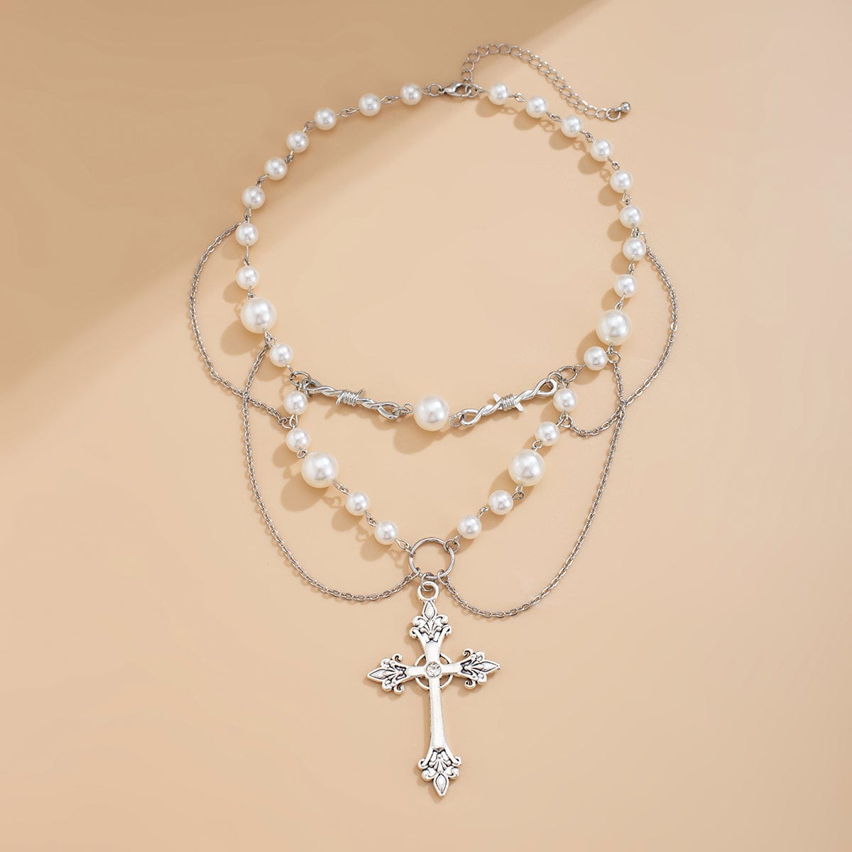 Baroque Layered Silver Plated Cross Pendant Pearl Chain Necklace - ArtGalleryZen