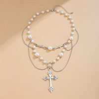 Thumbnail for Baroque Layered Silver Plated Cross Pendant Pearl Chain Necklace - ArtGalleryZen