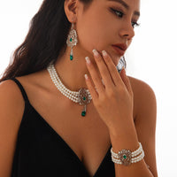 Thumbnail for Baroque Layered Silver Plated Rhinestone Inlaid Pearl Chain Necklace Bracelet Earrings Set