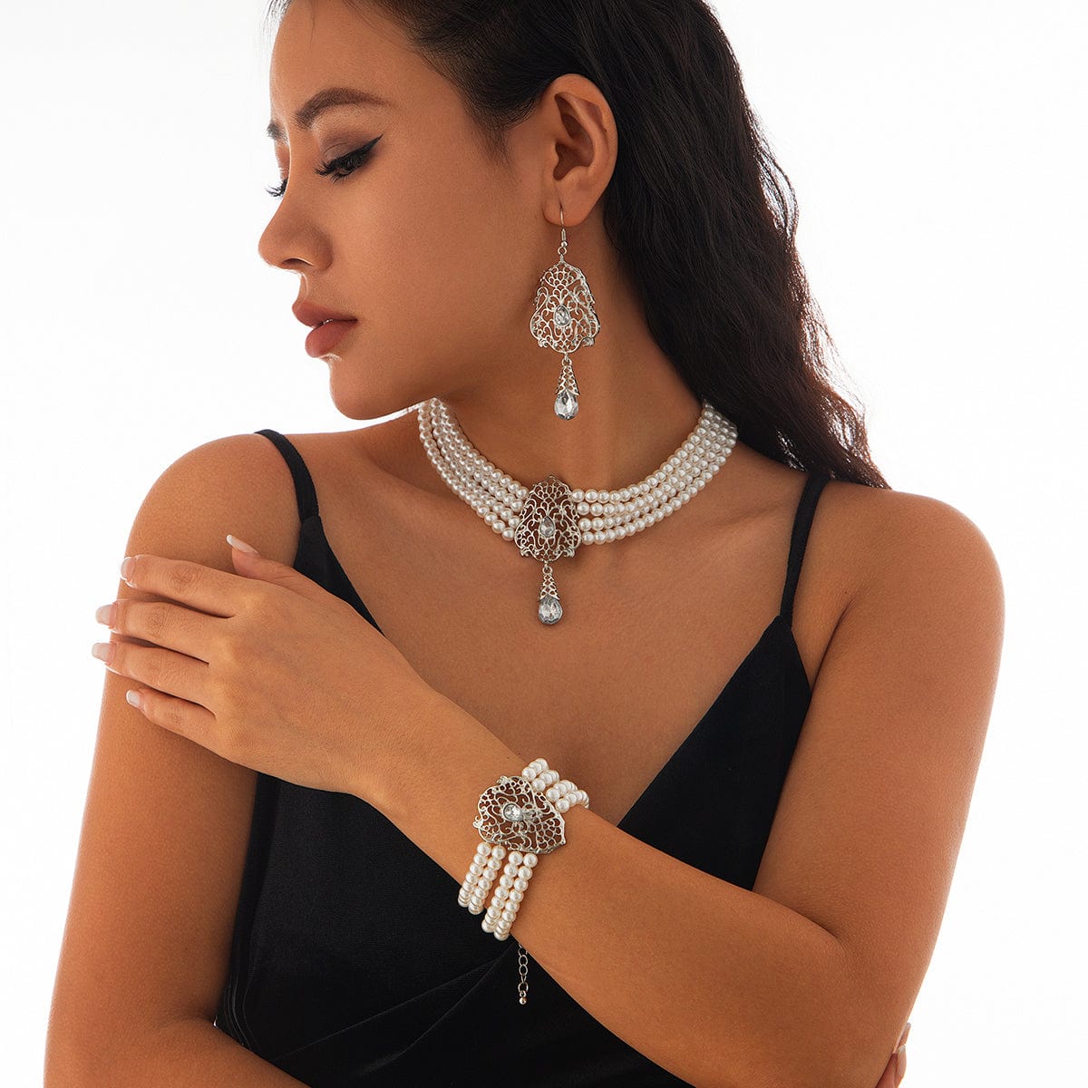 Baroque Layered Silver Plated Rhinestone Inlaid Pearl Chain Necklace Bracelet Earrings Set