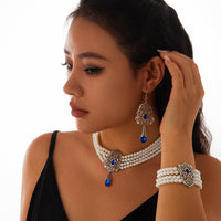 Thumbnail for Baroque Layered Silver Plated Rhinestone Inlaid Pearl Chain Necklace Bracelet Earrings Set