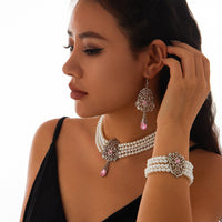 Thumbnail for Baroque Layered Silver Plated Rhinestone Inlaid Pearl Chain Necklace Bracelet Earrings Set