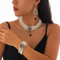 Thumbnail for Baroque Layered Silver Plated Rhinestone Inlaid Pearl Chain Necklace Bracelet Earrings Set