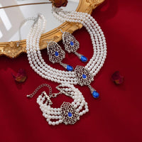 Thumbnail for Baroque Layered Silver Plated Rhinestone Inlaid Pearl Chain Necklace Bracelet Earrings Set