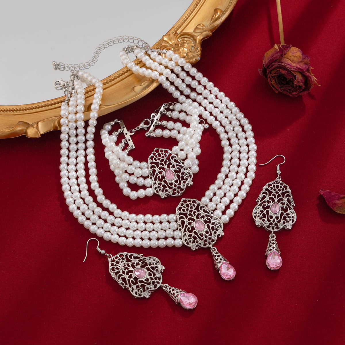 Baroque Layered Silver Plated Rhinestone Inlaid Pearl Chain Necklace Bracelet Earrings Set