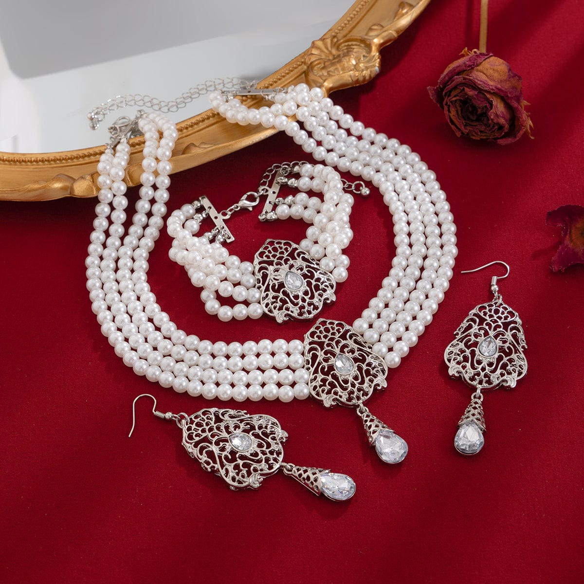 Baroque Layered Silver Plated Rhinestone Inlaid Pearl Chain Necklace Bracelet Earrings Set