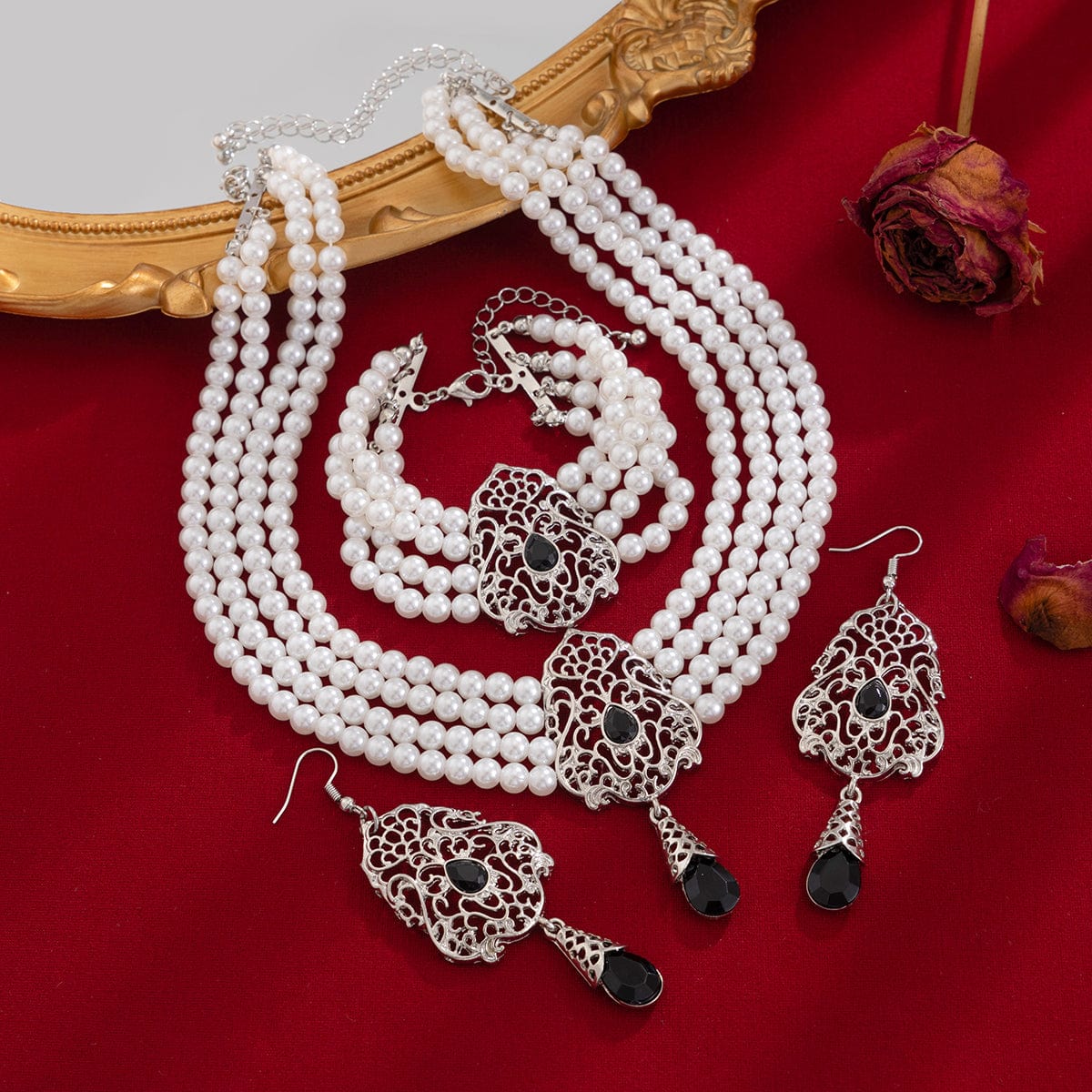 Baroque Layered Silver Plated Rhinestone Inlaid Pearl Chain Necklace Bracelet Earrings Set