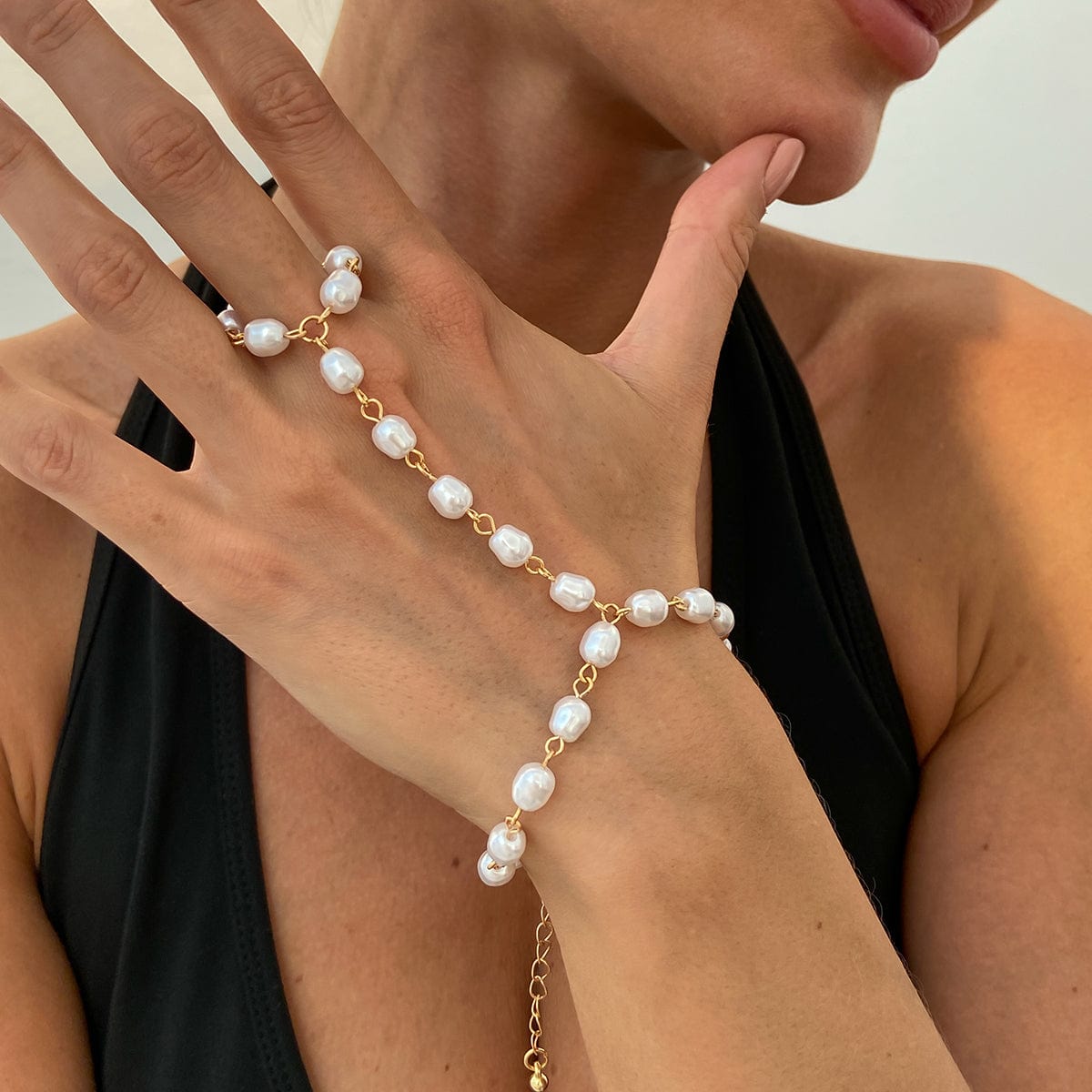 Baroque Pearl Chain Finger Ring Bracelet - ArtGalleryZen