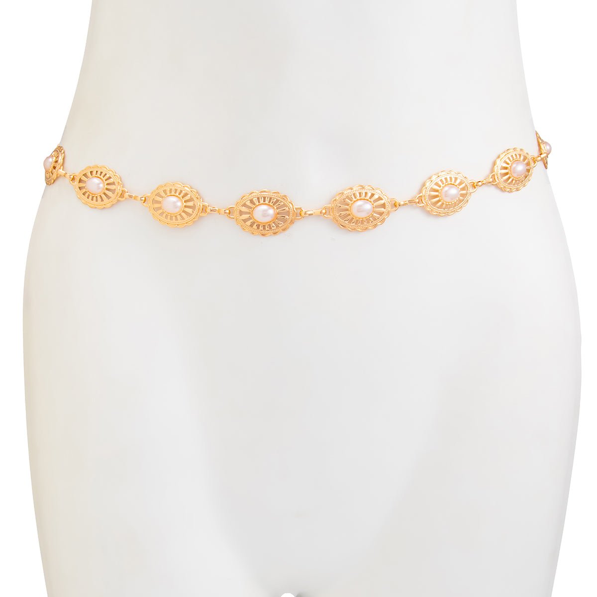 Baroque Pearl Inlaid Floral Oval Disk Waist Chain - ArtGalleryZen