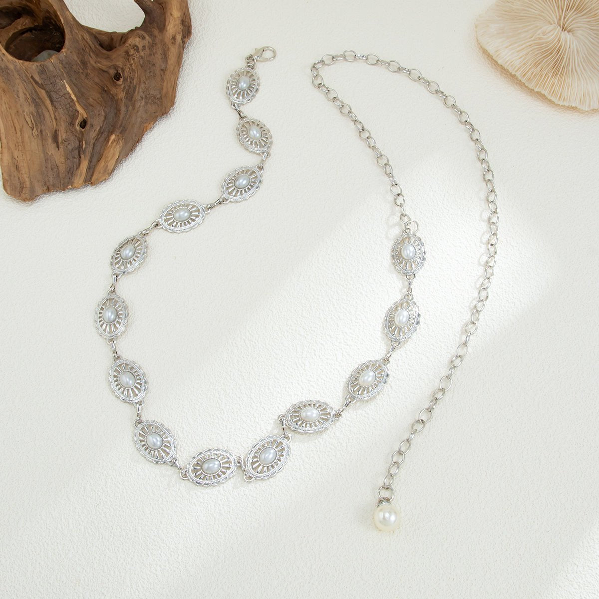 Baroque Pearl Inlaid Floral Oval Disk Waist Chain - ArtGalleryZen