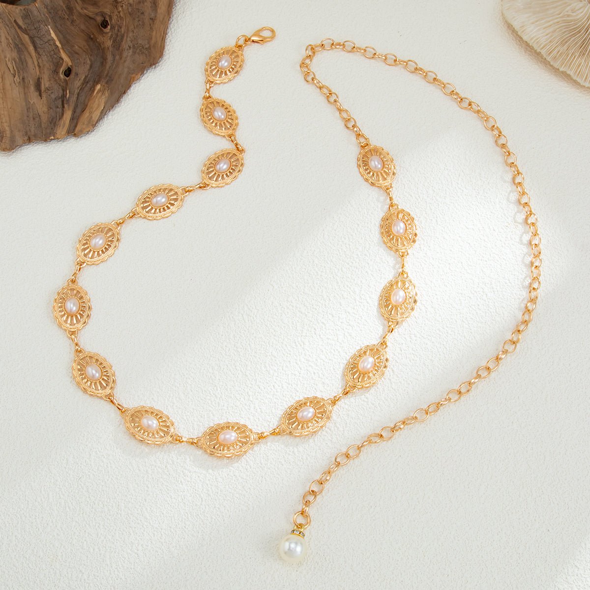 Baroque Pearl Inlaid Floral Oval Disk Waist Chain - ArtGalleryZen