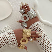 Thumbnail for Baroque Pearl Inlaid Sun Textured Square Hollow Oval Ring Set