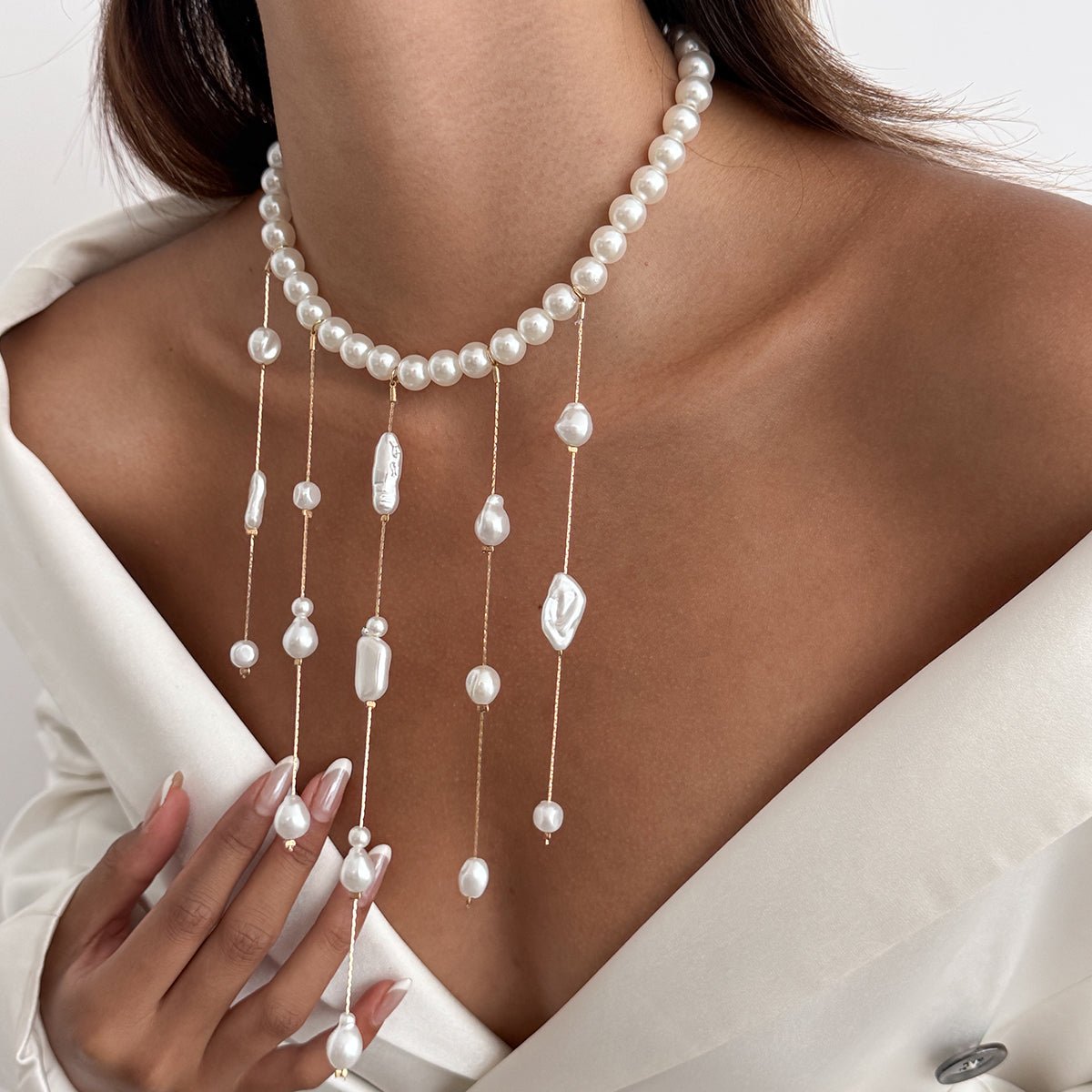 Baroque Pearl Raindrop Tassel Choker Necklace - ArtGalleryZen