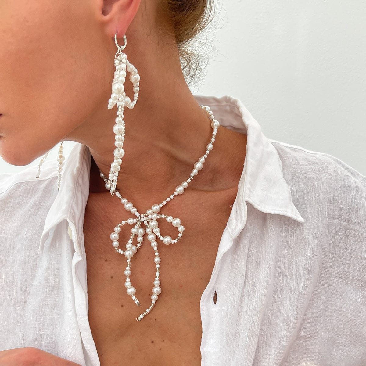 Baroque Pearl Seed Beaded Bowknot Necklace Earrings Set - ArtGalleryZen