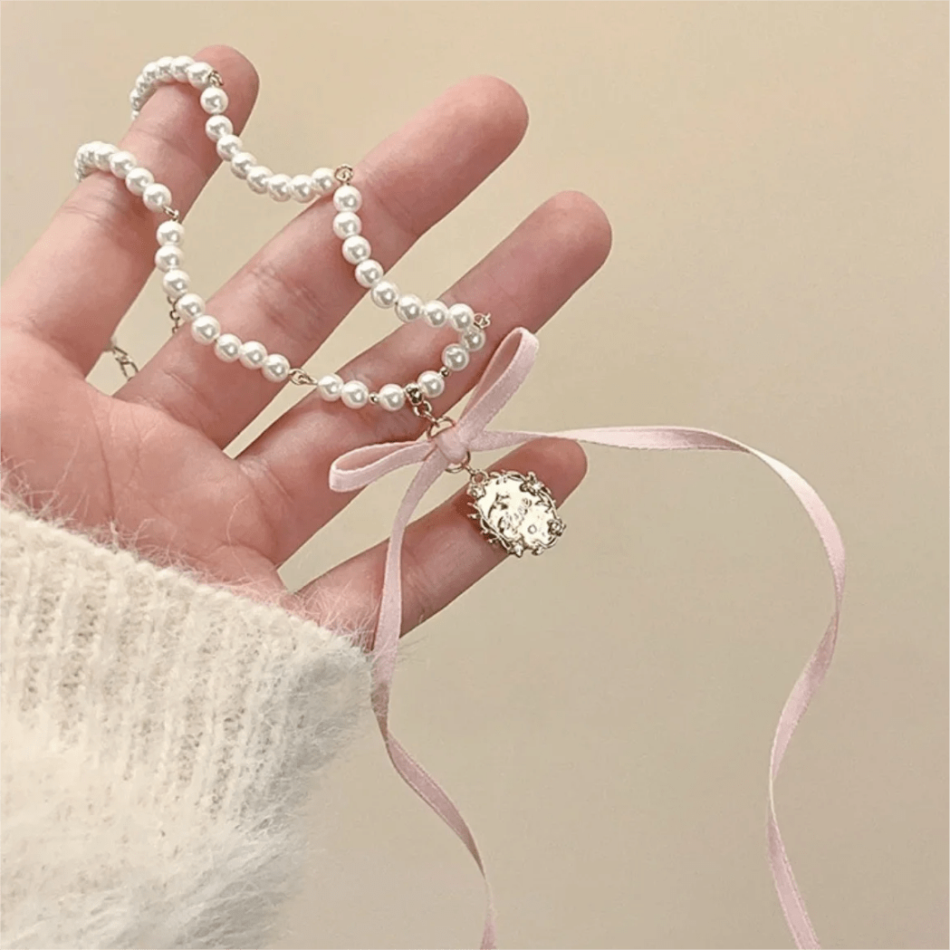 Baroque Pink Ribbon Bowknot Relief Pendant Pearl Necklace - ArtGalleryZen