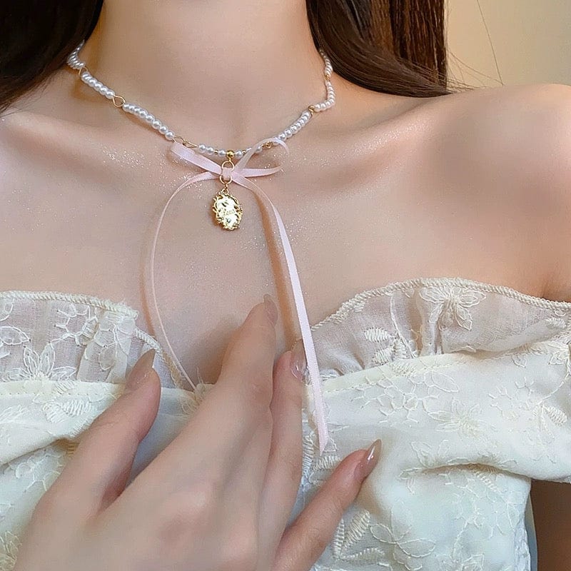 Baroque Pink Ribbon Bowknot Relief Pendant Pearl Necklace - ArtGalleryZen