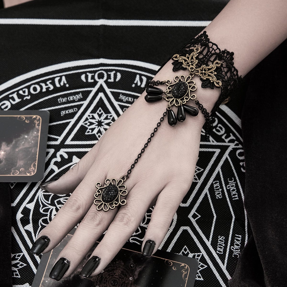 Baroque Retro Layered Crystal Tassel Floral Lace Finger Ring Bracelet