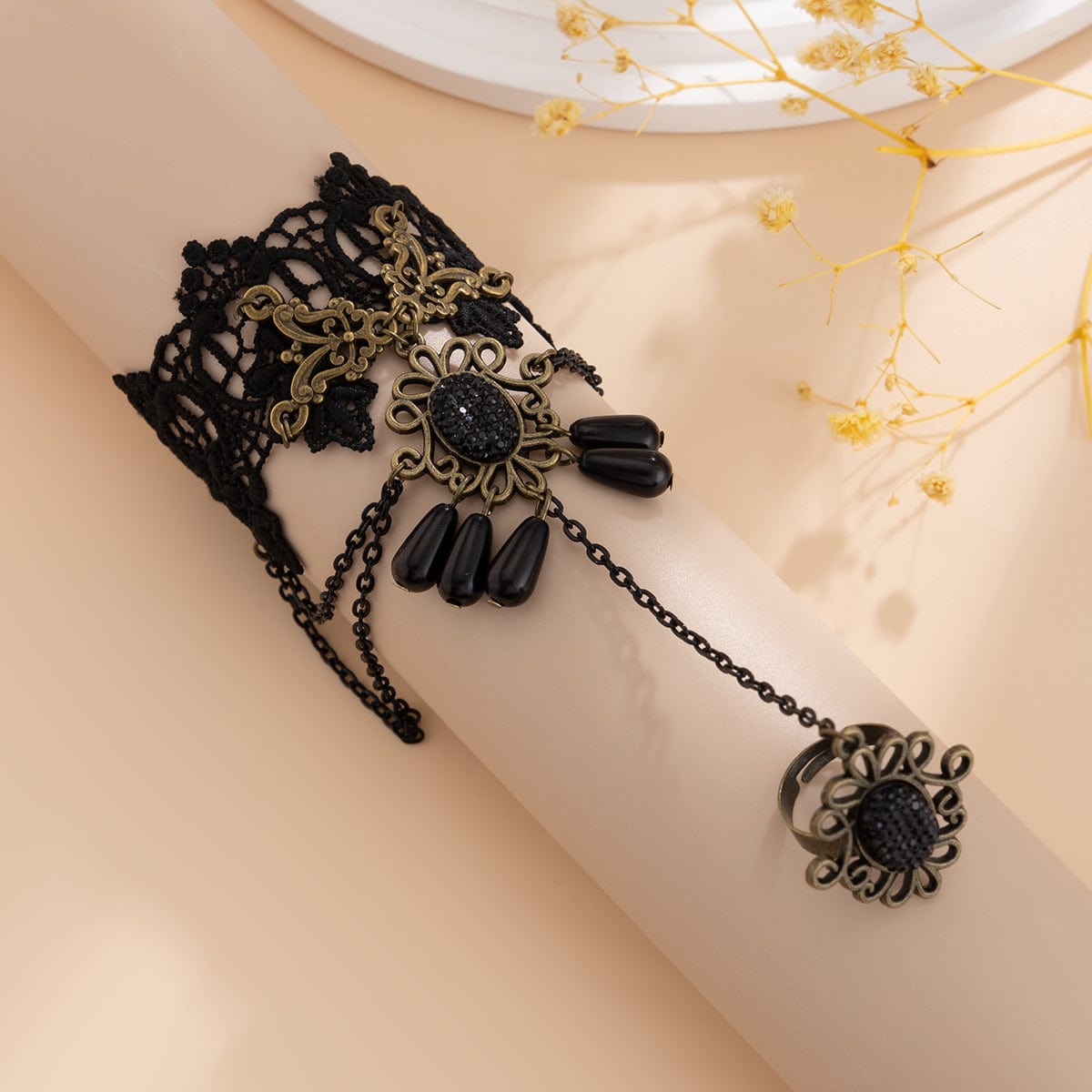 Baroque Retro Layered Crystal Tassel Floral Lace Finger Ring Bracelet