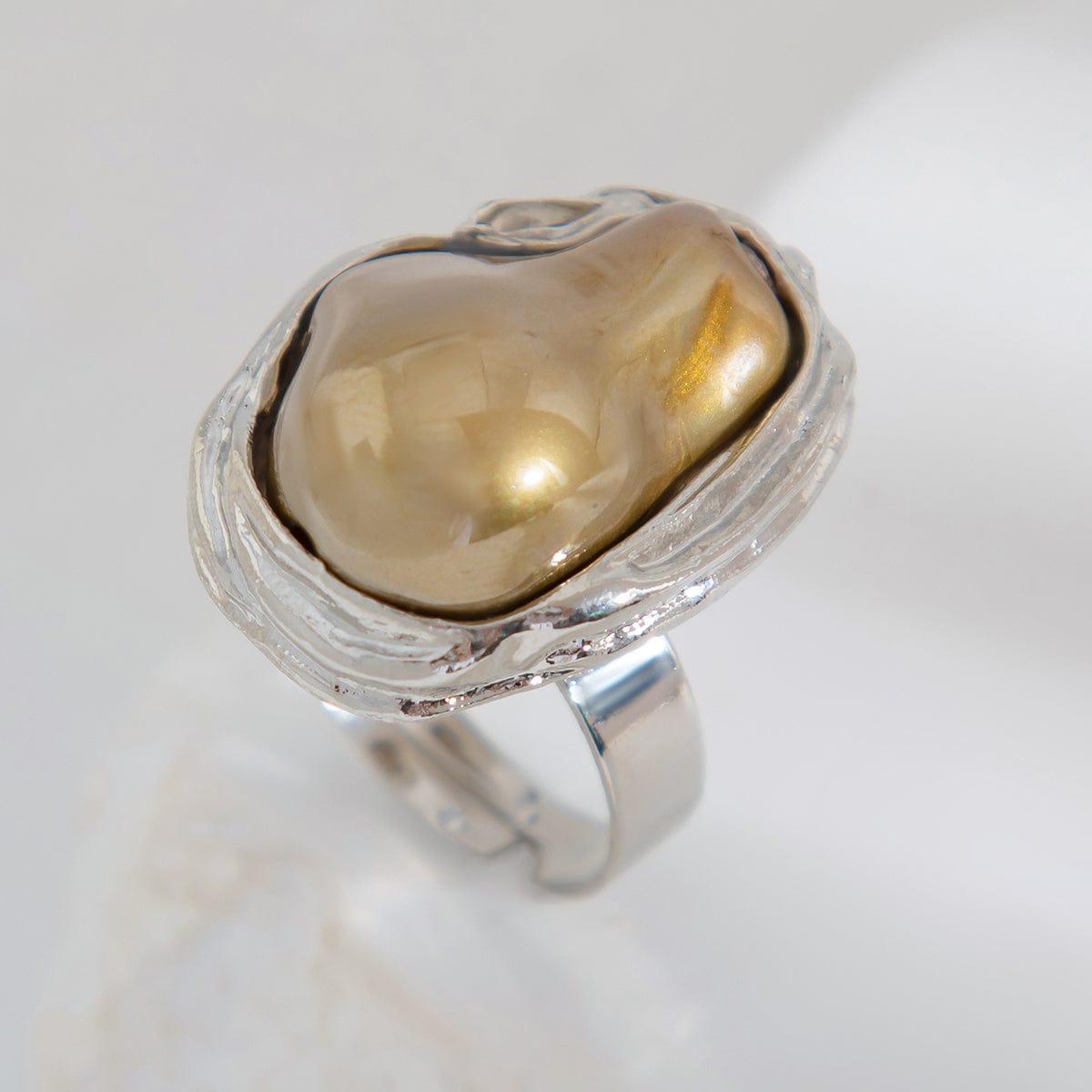 Baroque Silver Plated Irregular Pearl Inlaid Adjustable Ring