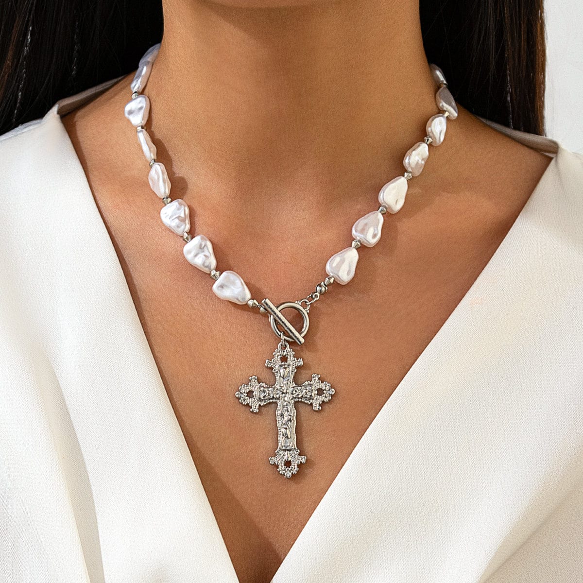 Baroque Toggle Clasp Cross Pendant Irregular Pearl Chain Necklace - ArtGalleryZen