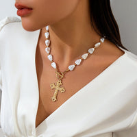 Thumbnail for Baroque Toggle Clasp Cross Pendant Irregular Pearl Chain Necklace - ArtGalleryZen