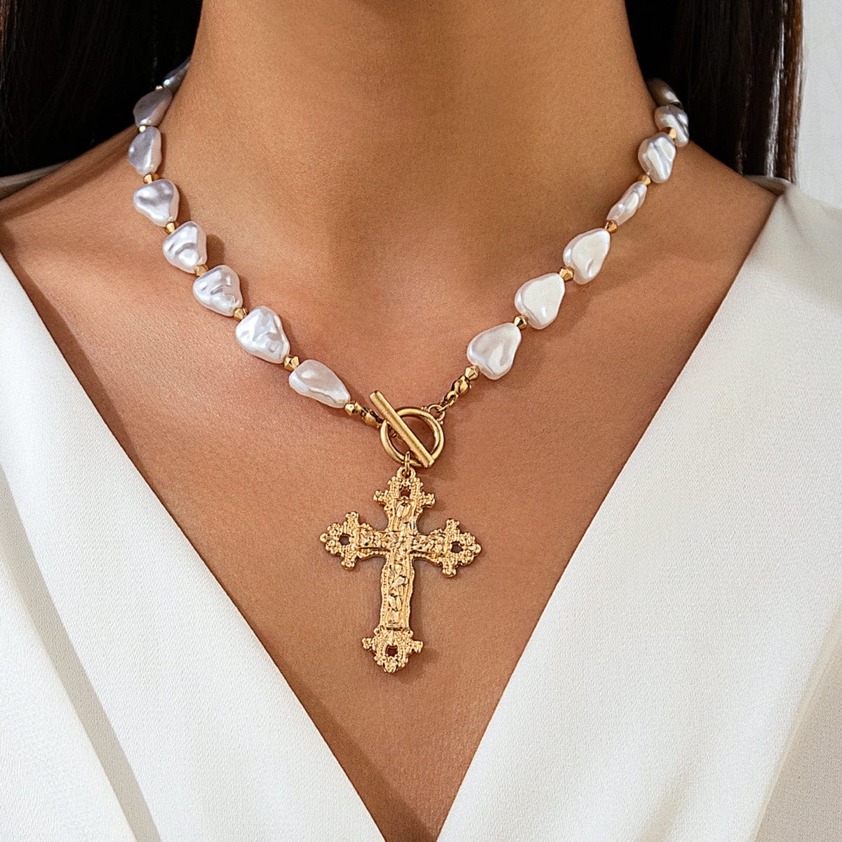 Baroque Toggle Clasp Cross Pendant Irregular Pearl Chain Necklace - ArtGalleryZen
