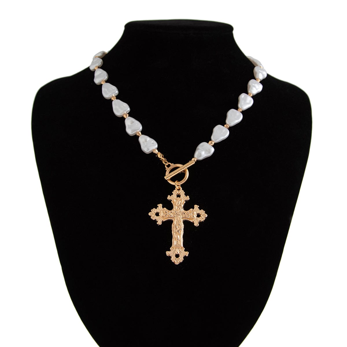 Baroque Toggle Clasp Cross Pendant Irregular Pearl Chain Necklace - ArtGalleryZen
