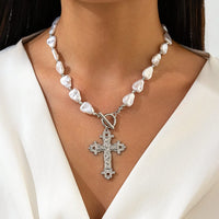 Thumbnail for Baroque Toggle Clasp Cross Pendant Irregular Pearl Chain Necklace