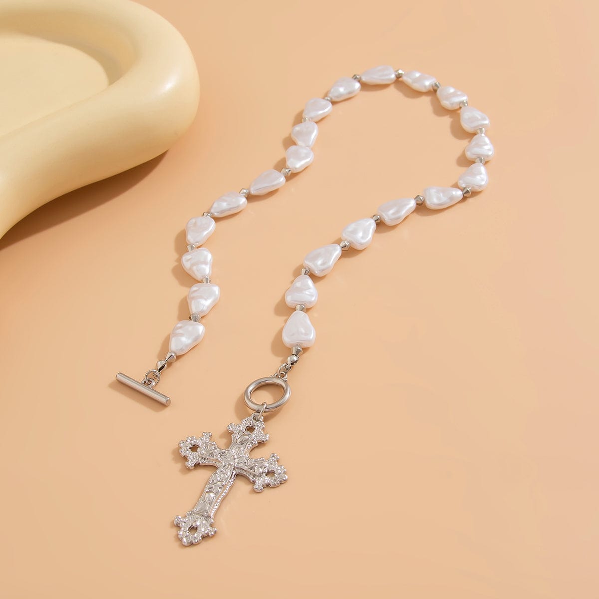 Baroque Toggle Clasp Cross Pendant Irregular Pearl Chain Necklace