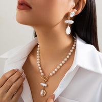 Thumbnail for Baroque Toggle Clasp Irregular Pearl Round Disk Pendant Necklace Earrings Set