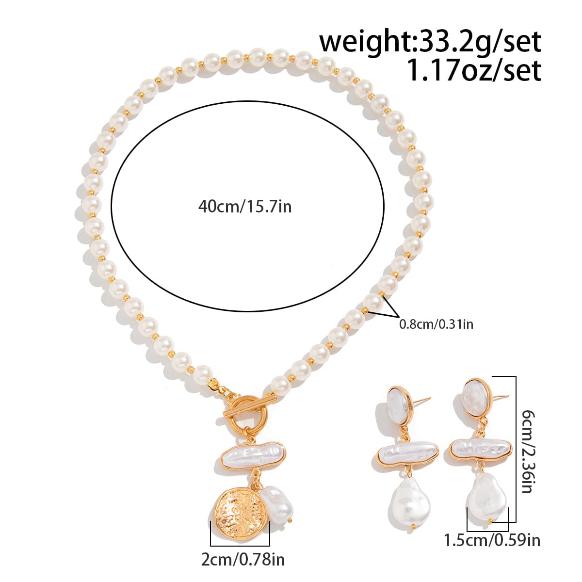 Baroque Toggle Clasp Irregular Pearl Round Disk Pendant Necklace Earrings Set