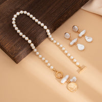 Thumbnail for Baroque Toggle Clasp Irregular Pearl Round Disk Pendant Necklace Earrings Set