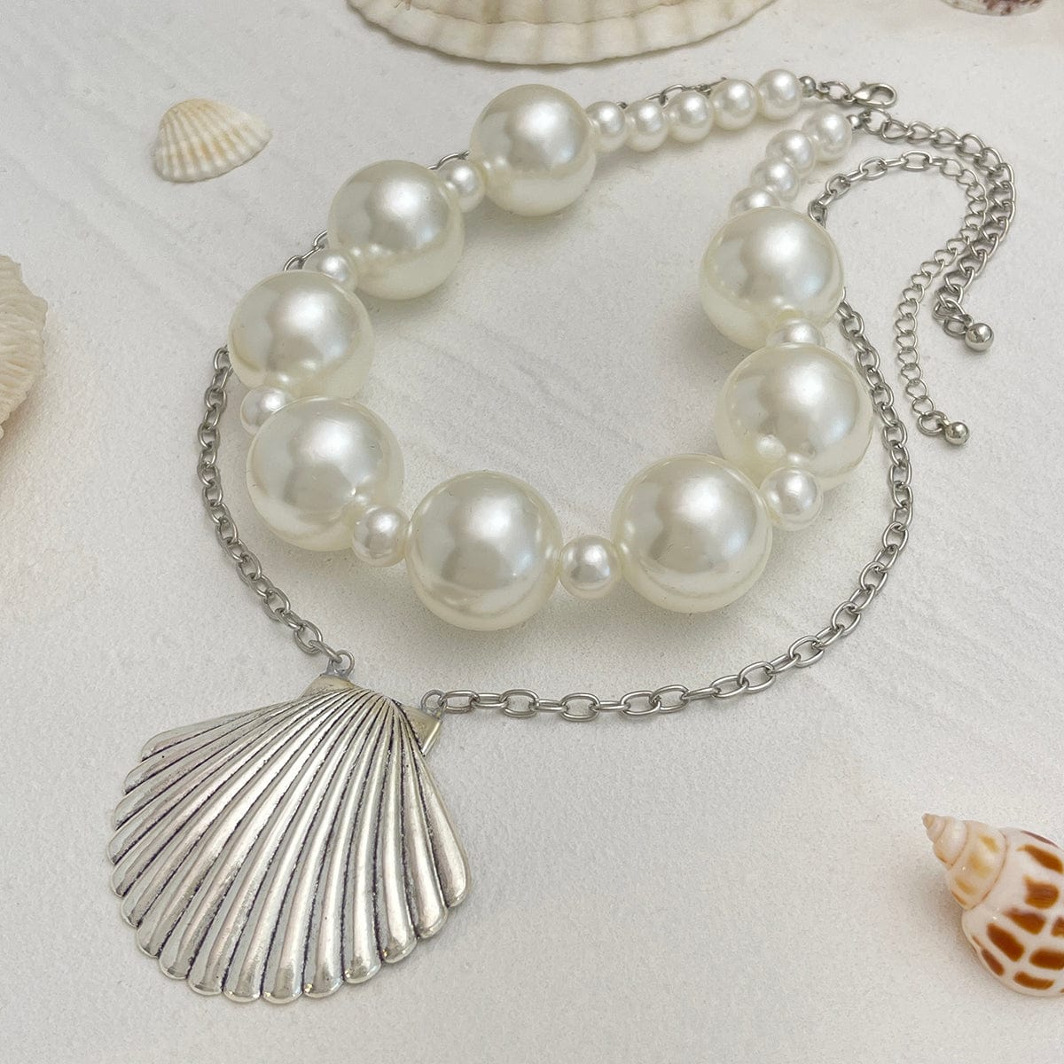Beach Style 2pcs Chunky Shell Pendant Pearl Chain Necklace Set - ArtGalleryZen