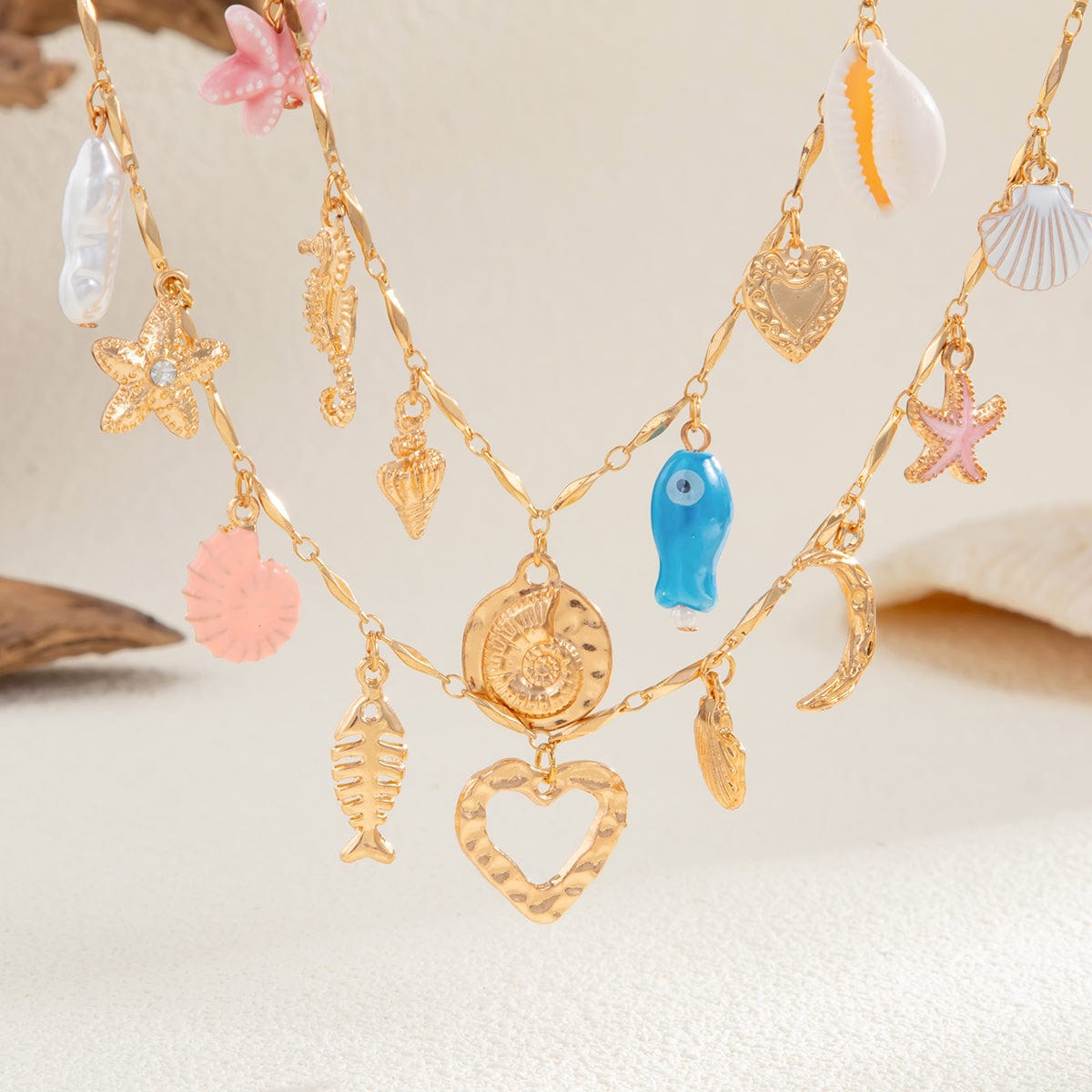 Beach Style 2pcs Enamel Shell Starfish Heart Fish Pendant Necklace Set - ArtGalleryZen