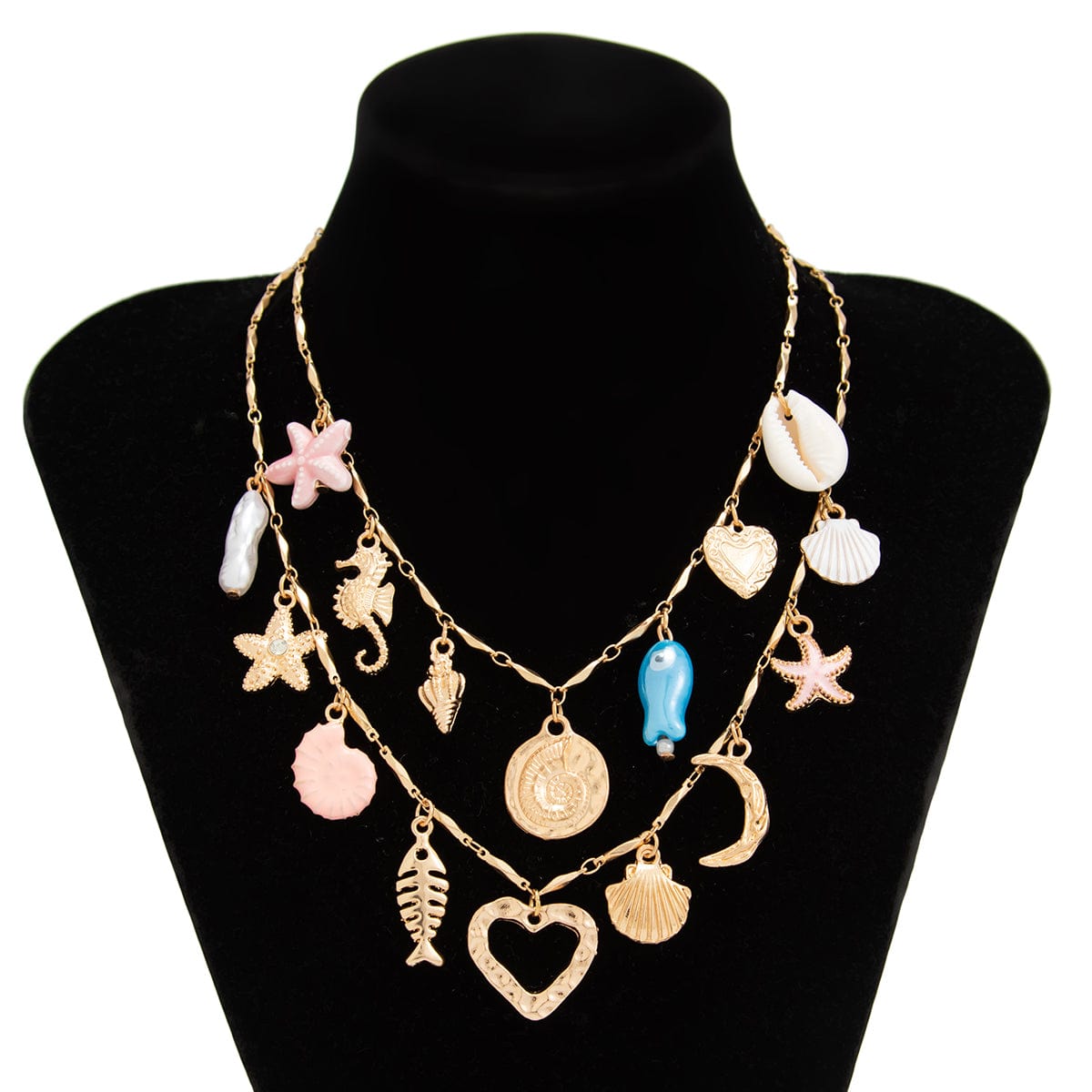 Beach Style 2pcs Enamel Shell Starfish Heart Fish Pendant Necklace Set - ArtGalleryZen
