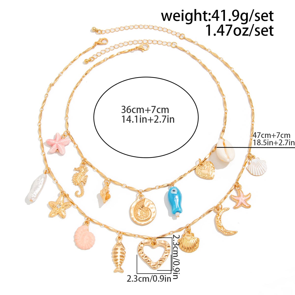 Beach Style 2pcs Enamel Shell Starfish Heart Fish Pendant Necklace Set - ArtGalleryZen