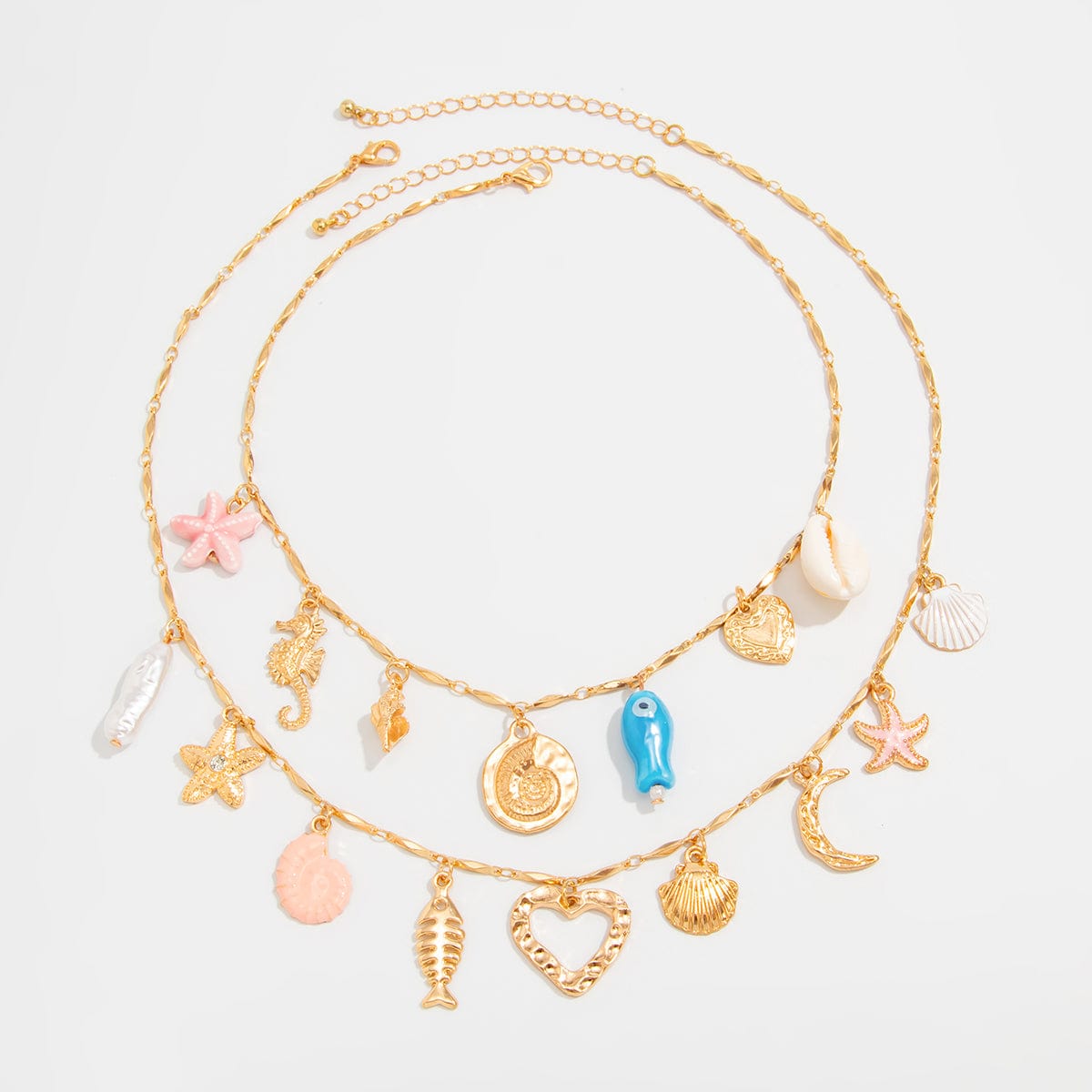 Beach Style 2pcs Enamel Shell Starfish Heart Fish Pendant Necklace Set - ArtGalleryZen