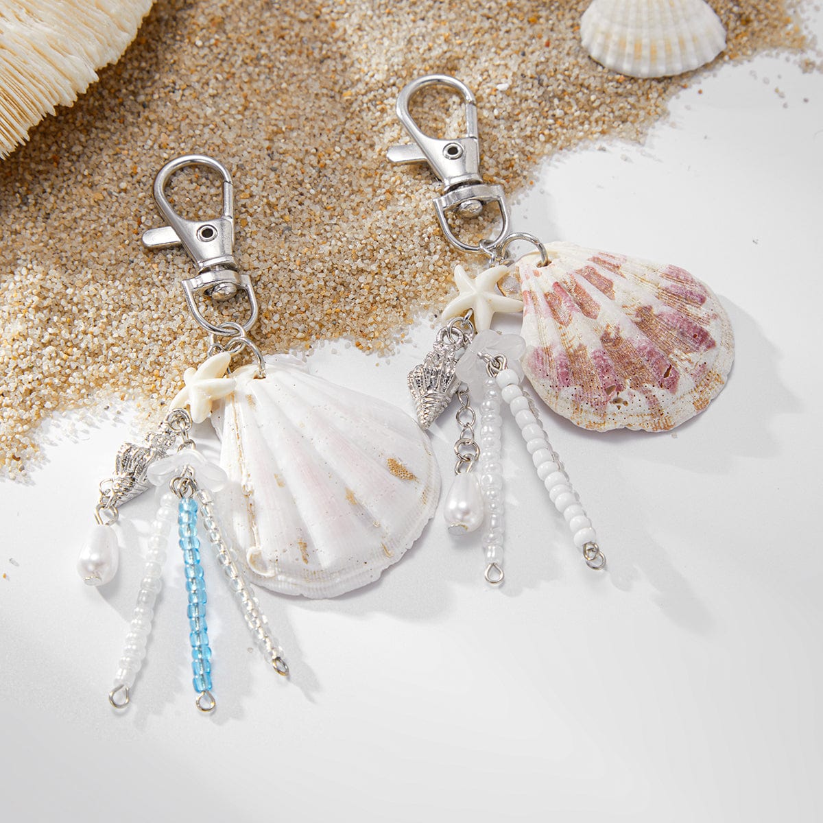 Beach Style 2pcs Shell Charm Seed Bead Tassel Keychain Set - ArtGalleryZen