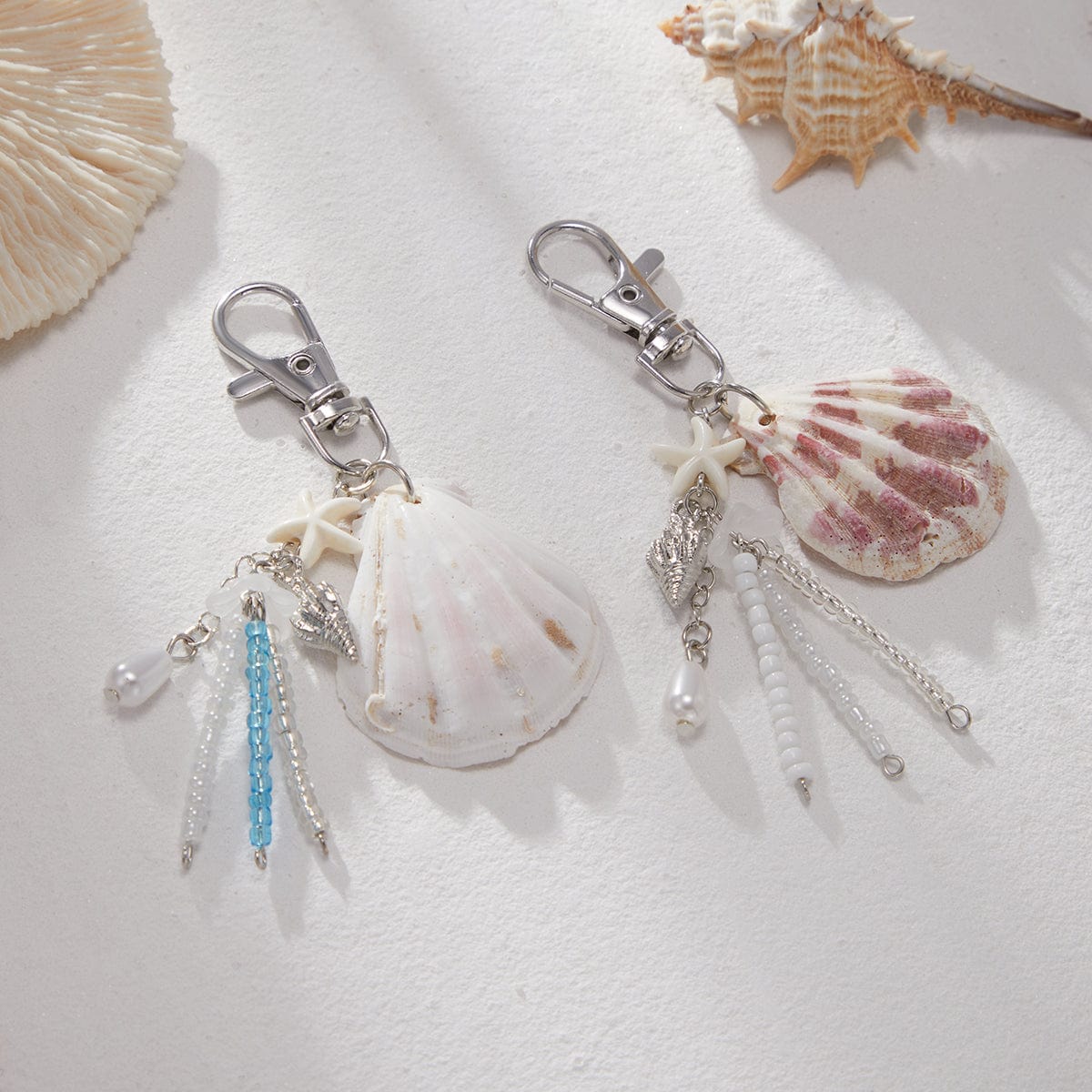Beach Style 2pcs Shell Charm Seed Bead Tassel Keychain Set - ArtGalleryZen