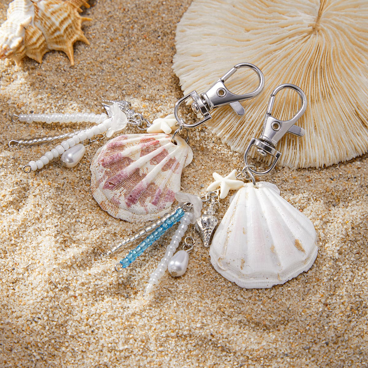 Beach Style 2pcs Shell Charm Seed Bead Tassel Keychain Set - ArtGalleryZen