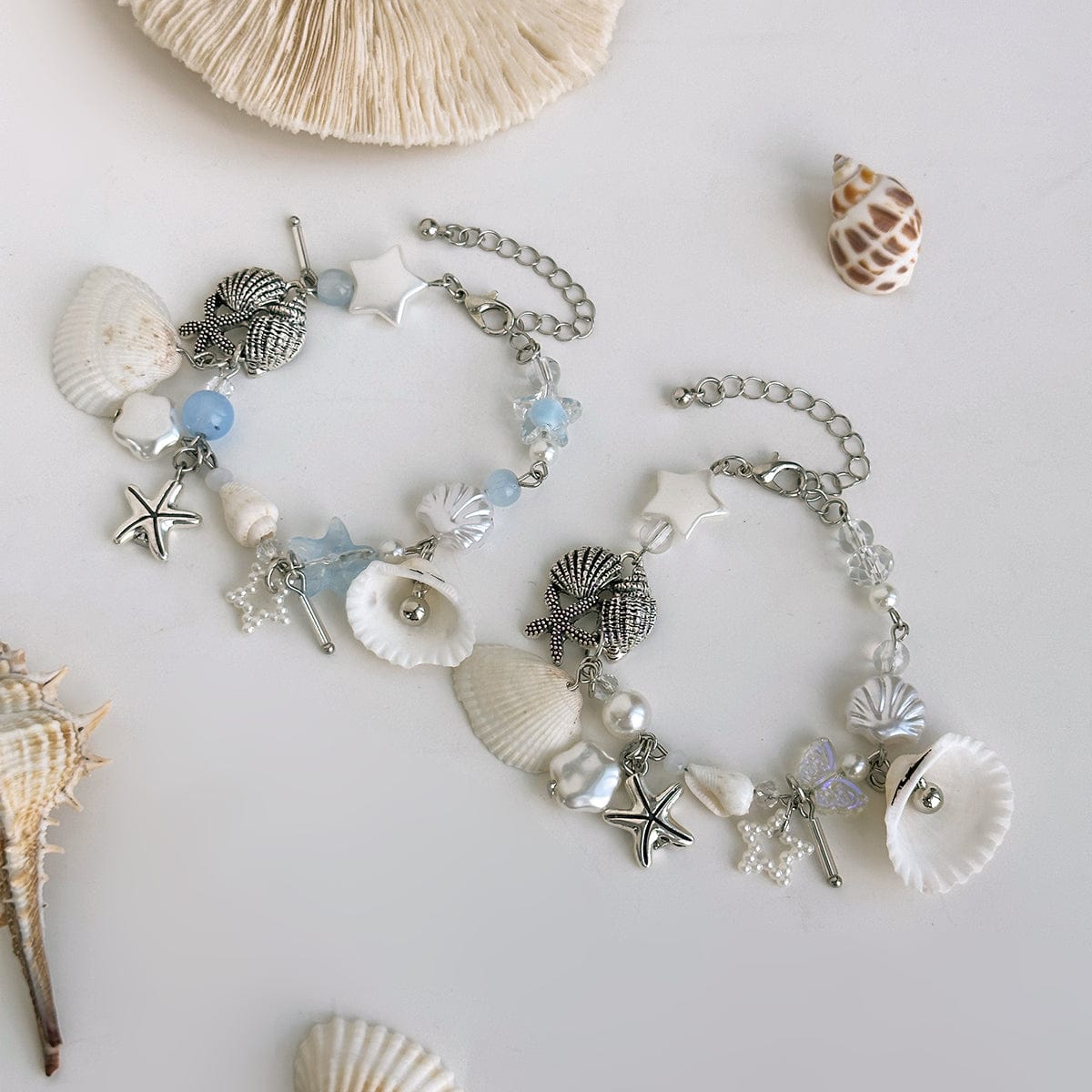 Beach Style 2pcs Shell Starfish Pearl Charm Bracelet Set - ArtGalleryZen