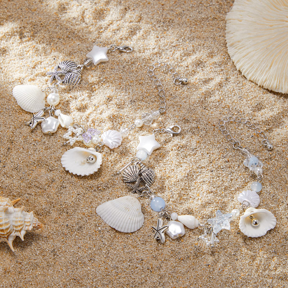 Beach Style 2pcs Shell Starfish Pearl Charm Bracelet Set - ArtGalleryZen