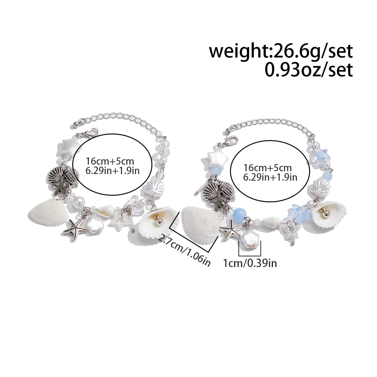 Beach Style 2pcs Shell Starfish Pearl Charm Bracelet Set - ArtGalleryZen