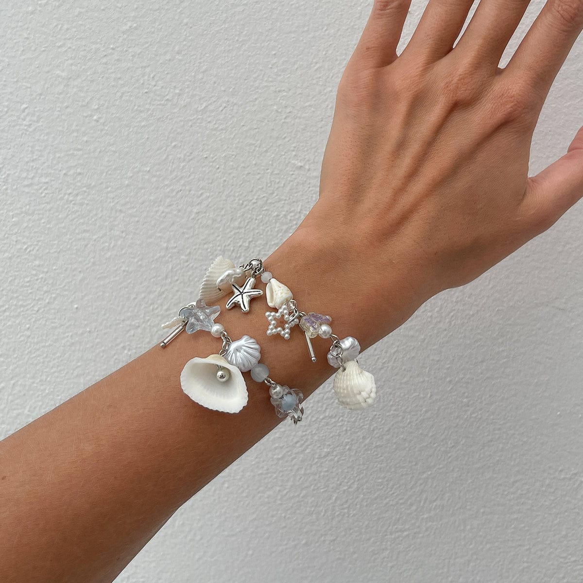 Beach Style 2pcs Shell Starfish Pearl Charm Bracelet Set - ArtGalleryZen