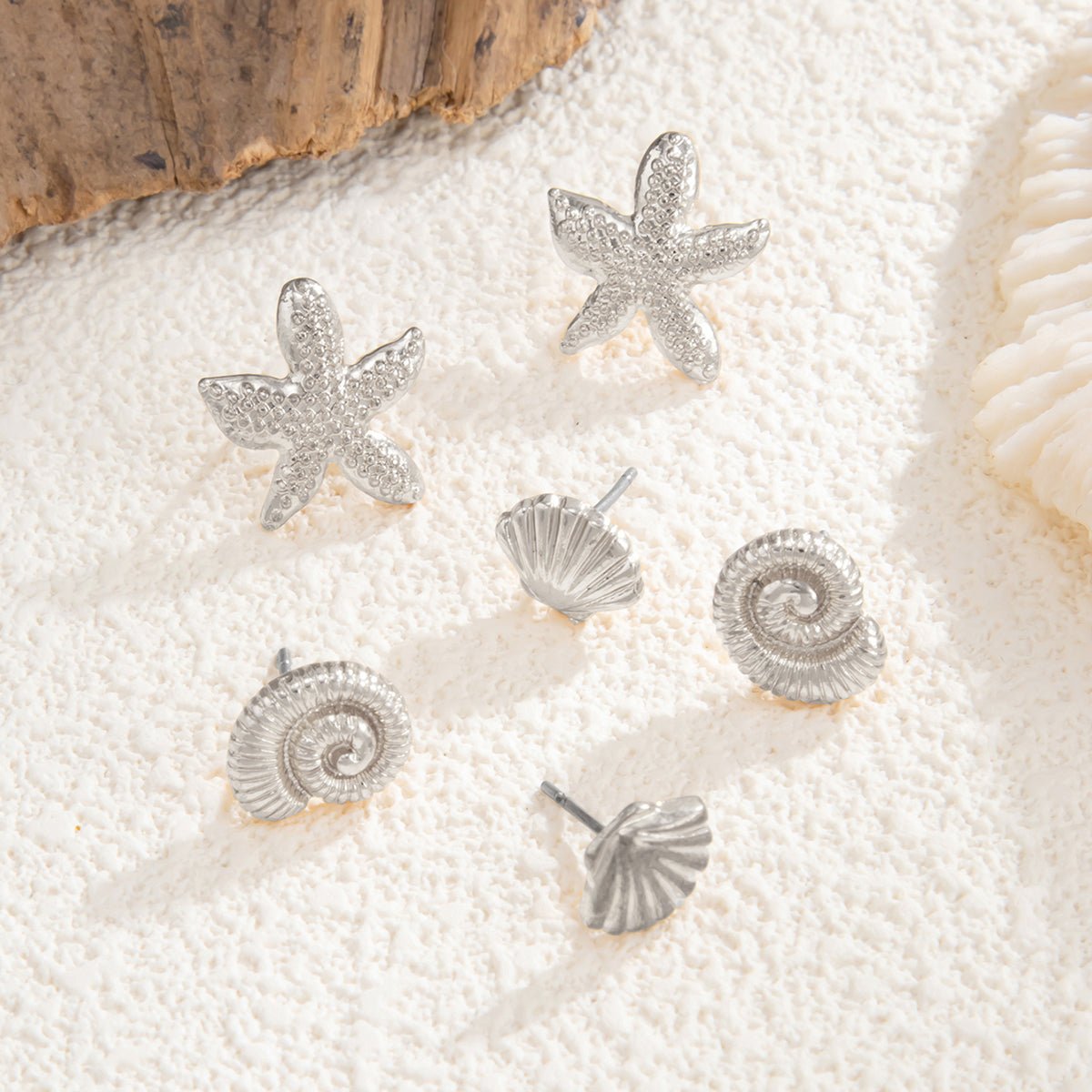 Beach Style 3 Pairs Conch Shell Starfish Earrings Set - ArtGalleryZen