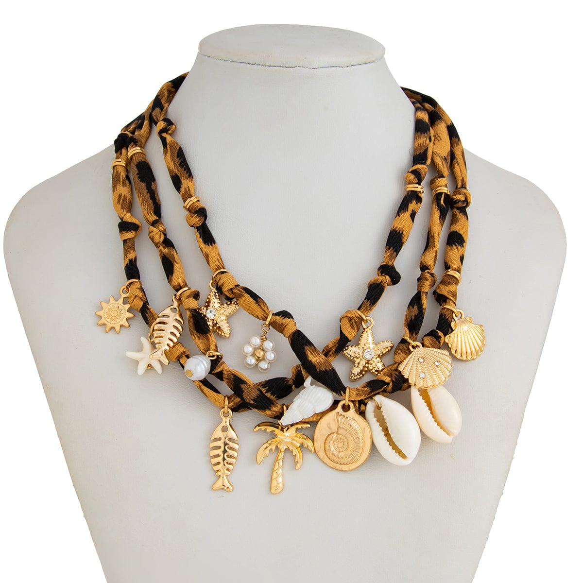 Beach Style 3pcs Conch Fish Bone Coconut Tree Pendant Leopard Print Necklace Set - ArtGalleryZen