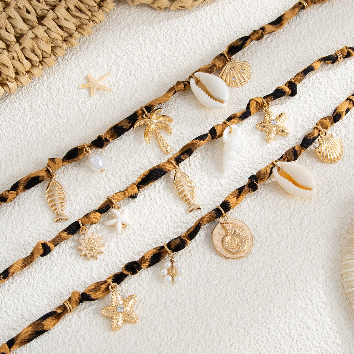 Beach Style 3pcs Conch Fish Bone Coconut Tree Pendant Leopard Print Necklace Set - ArtGalleryZen
